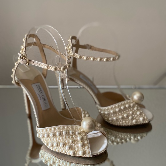 Like new Jimmy Choo Sacora 100 White Satin Sandals with All Over Pearls $1,950 - Picture 9 of 17